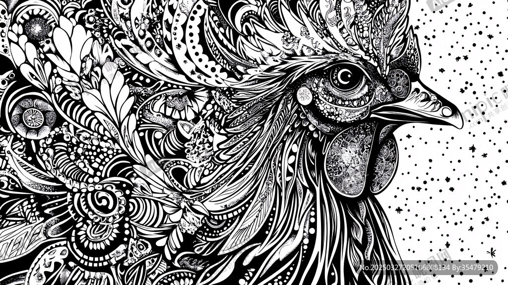 黑白花饰公鸡艺术插画