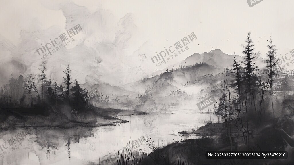 水墨山林间的静谧湖泊