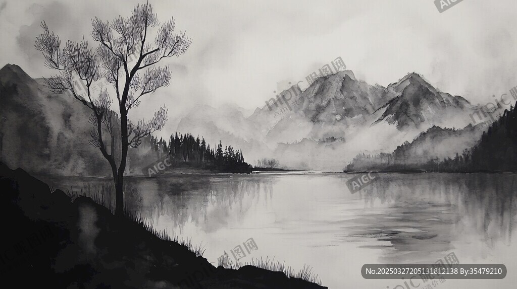 水墨山水湖畔孤树之景