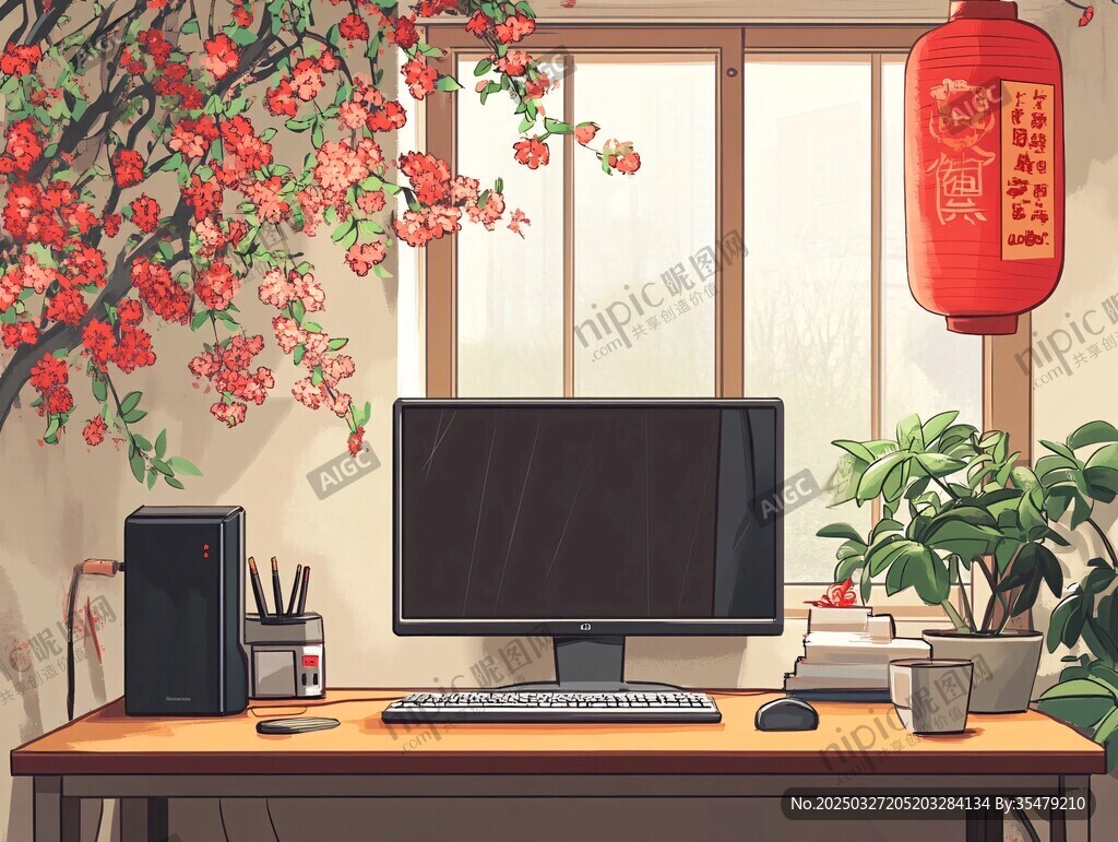 中式风电脑桌前的新春景致