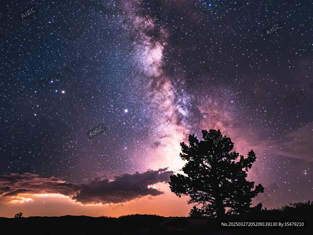 夜幕下的星空与孤树
