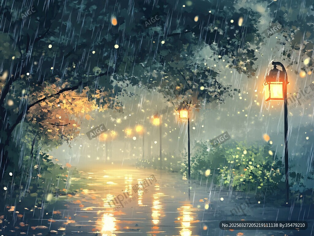 雨夜幽径 暖灯与雨的诗意邂逅