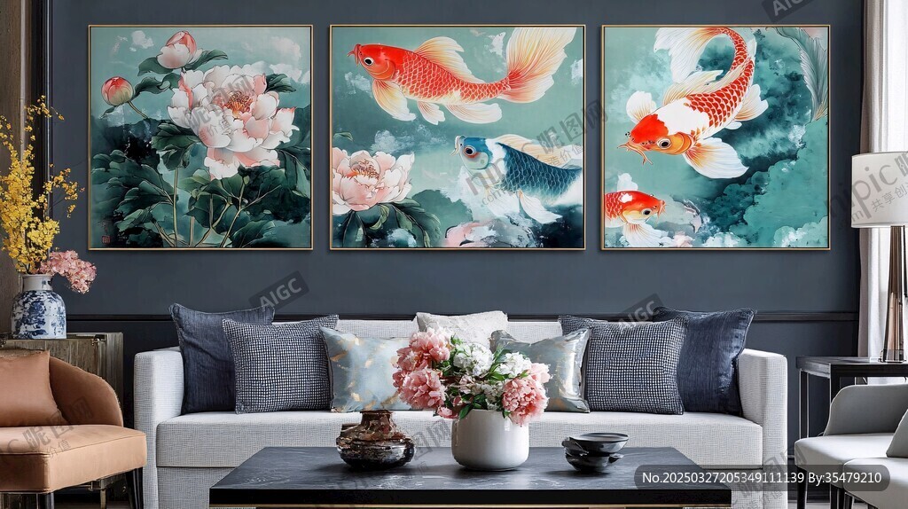 中式客厅三幅锦鲤荷花挂画