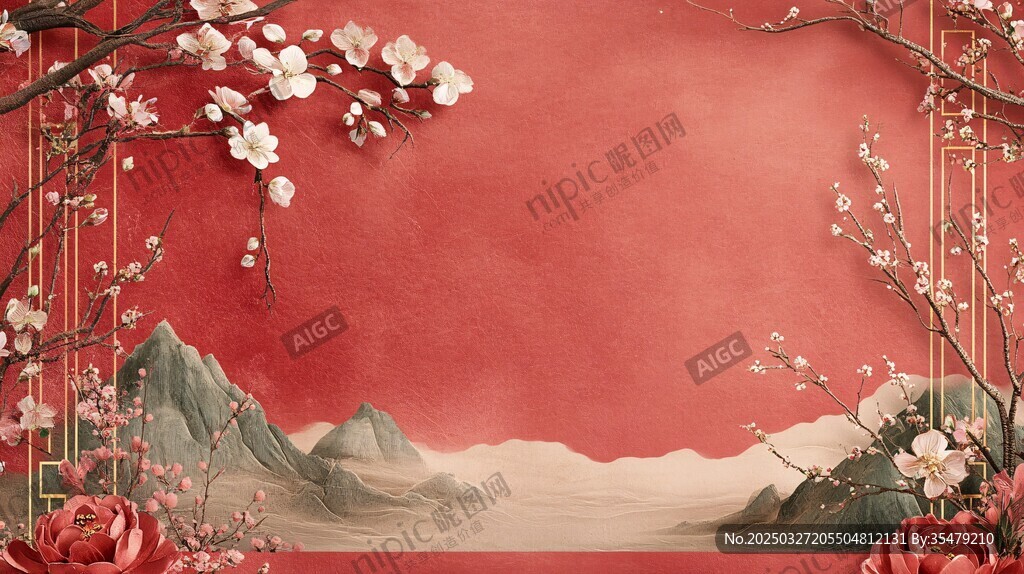 中式红底花卉山水背景图