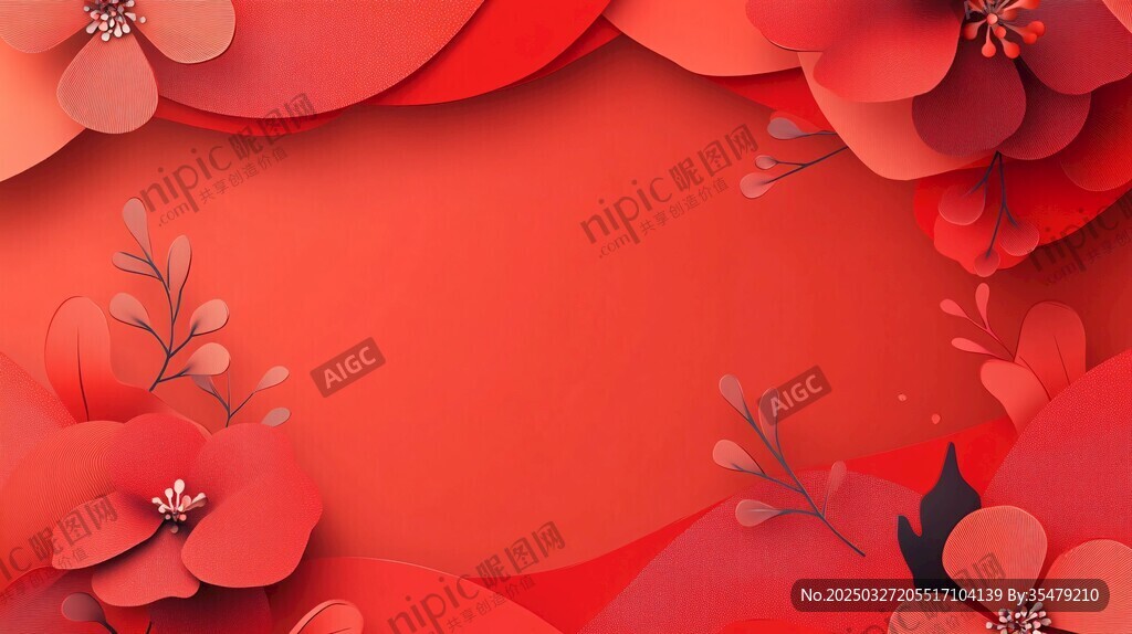 红色剪纸风花卉背景图