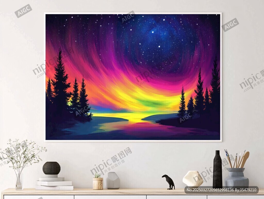 梦幻极光森林夜景图