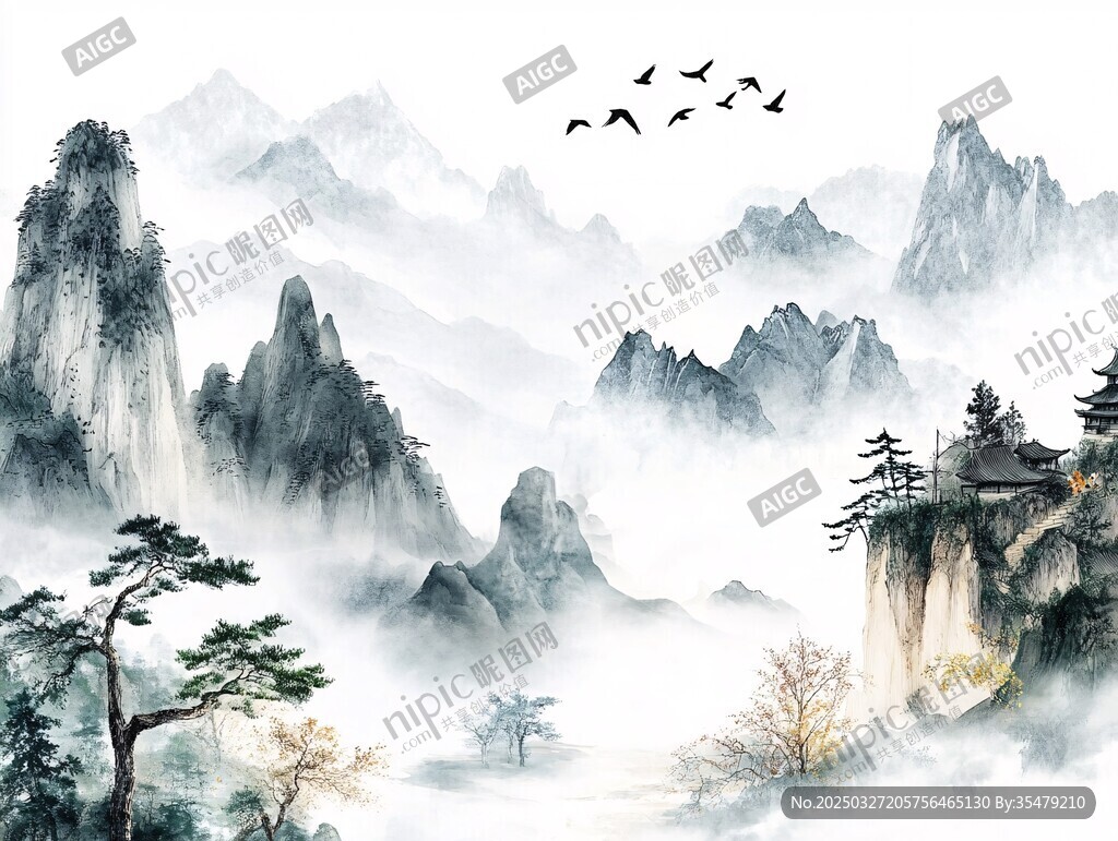 水墨山水间飞鸟绕峰景