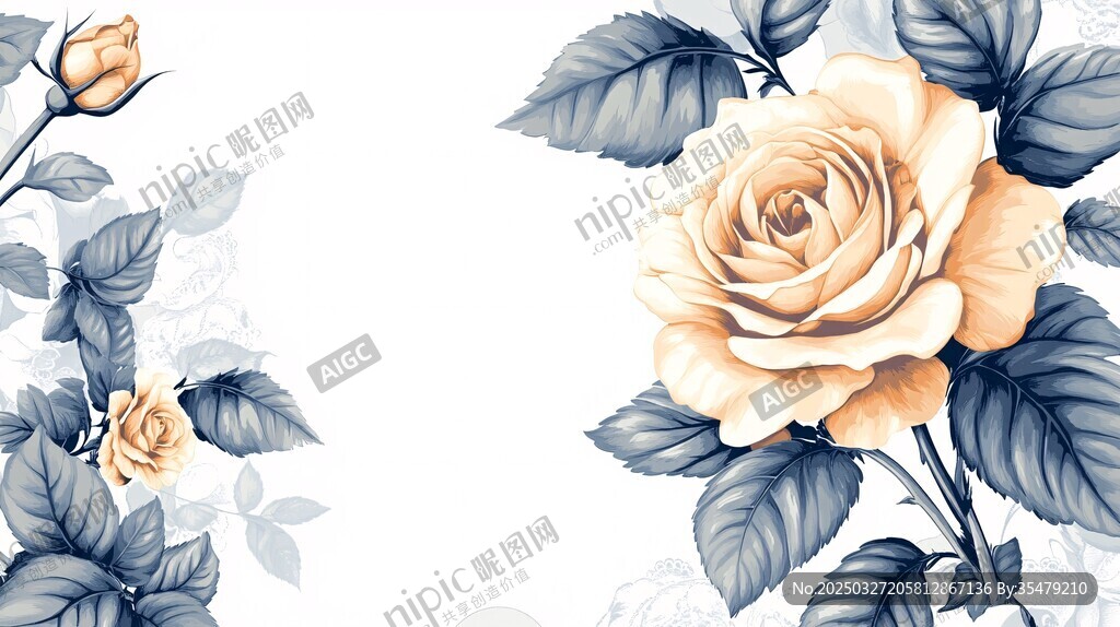 复古风淡黄玫瑰花卉插画
