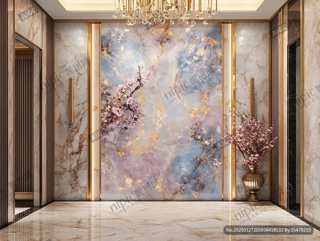 奢华大厅中式花卉壁画装饰