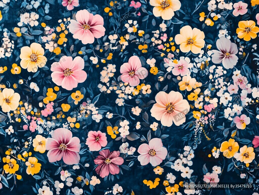 深蓝色底多彩花卉图案