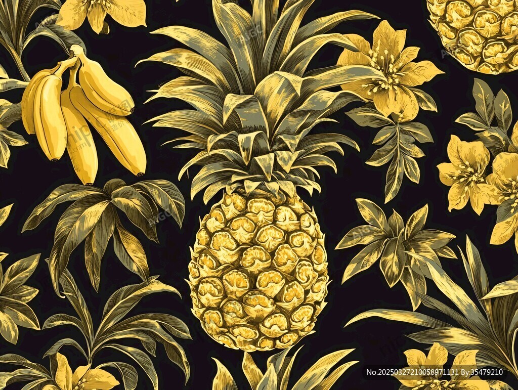 热带水果花卉黑色背景图案