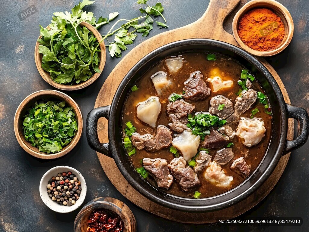 美味牛肉汤锅及多样佐料