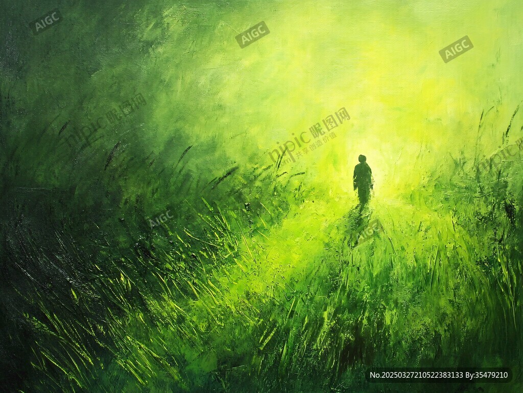 漫步绿野间的孤独身影