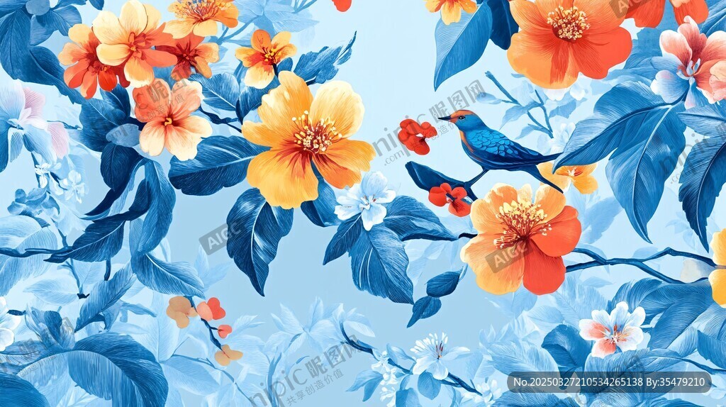 蓝底花卉飞鸟唯美图案