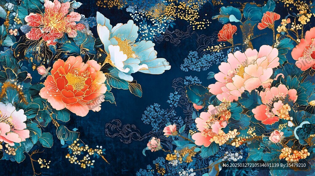 深蓝底繁花中式精美图案