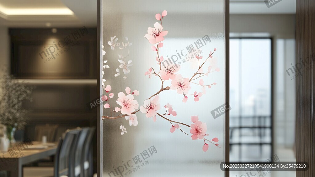 玻璃上的唯美粉色桃花贴画