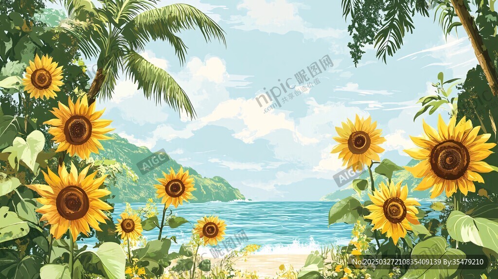海边向日葵风景插画