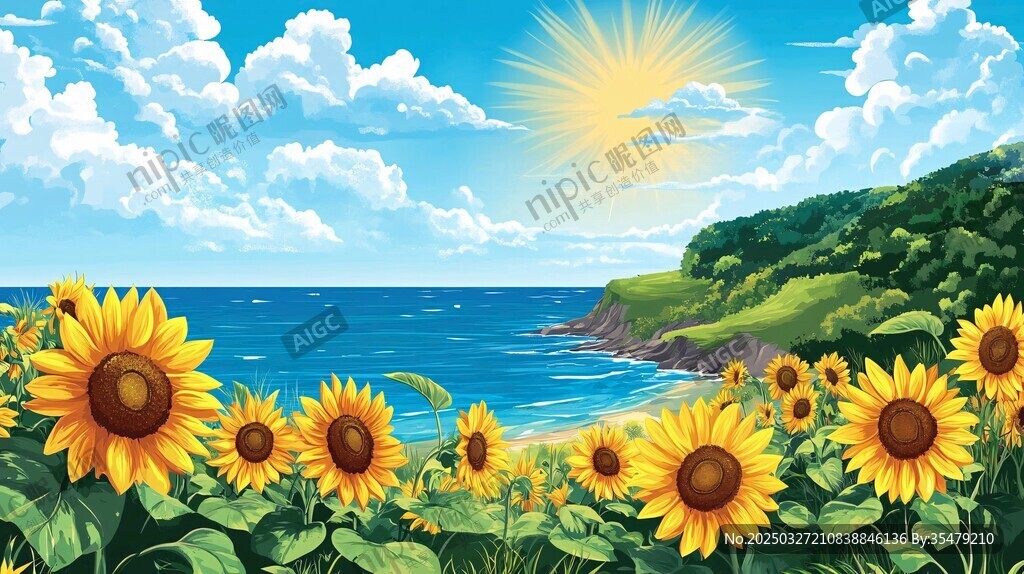 海边向日葵花海美丽风光