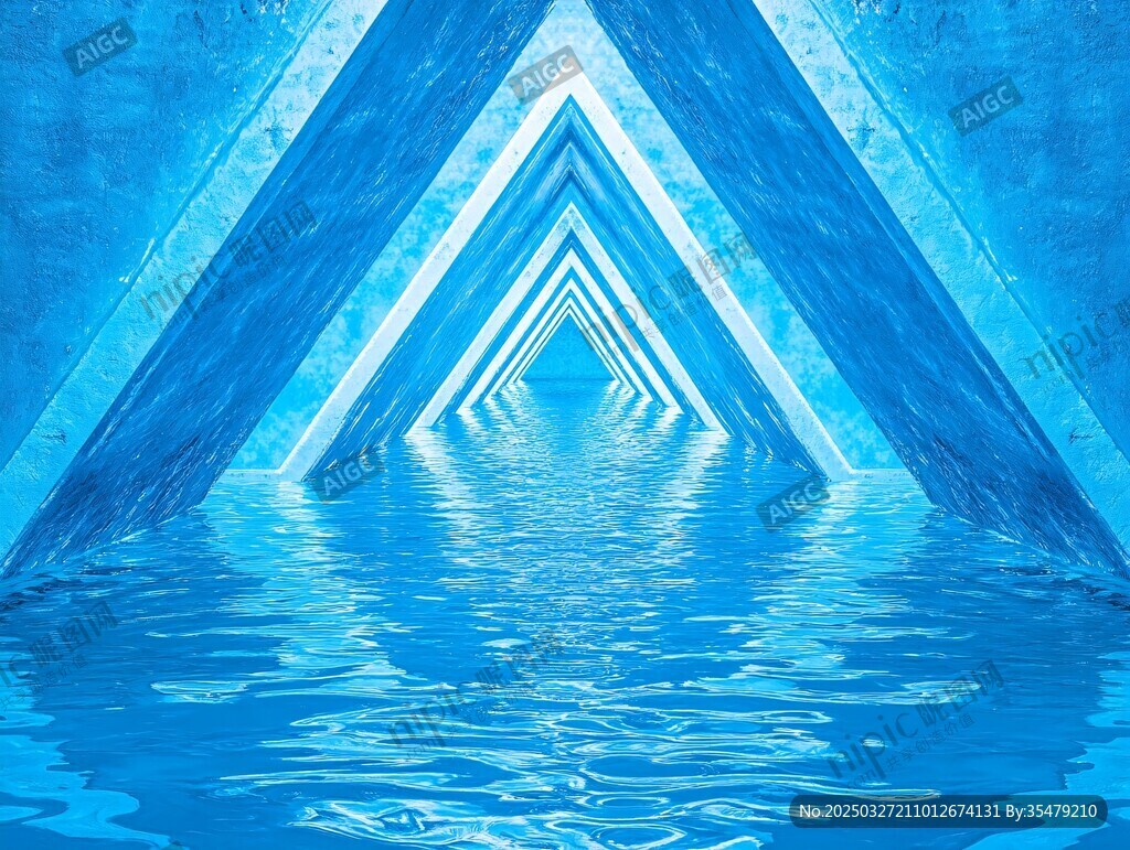 蓝色几何隧道水面奇幻景象