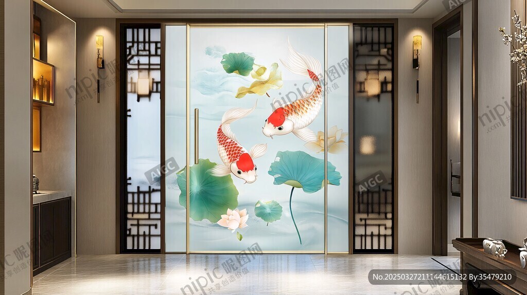 中式玄关处的锦鲤荷花屏风