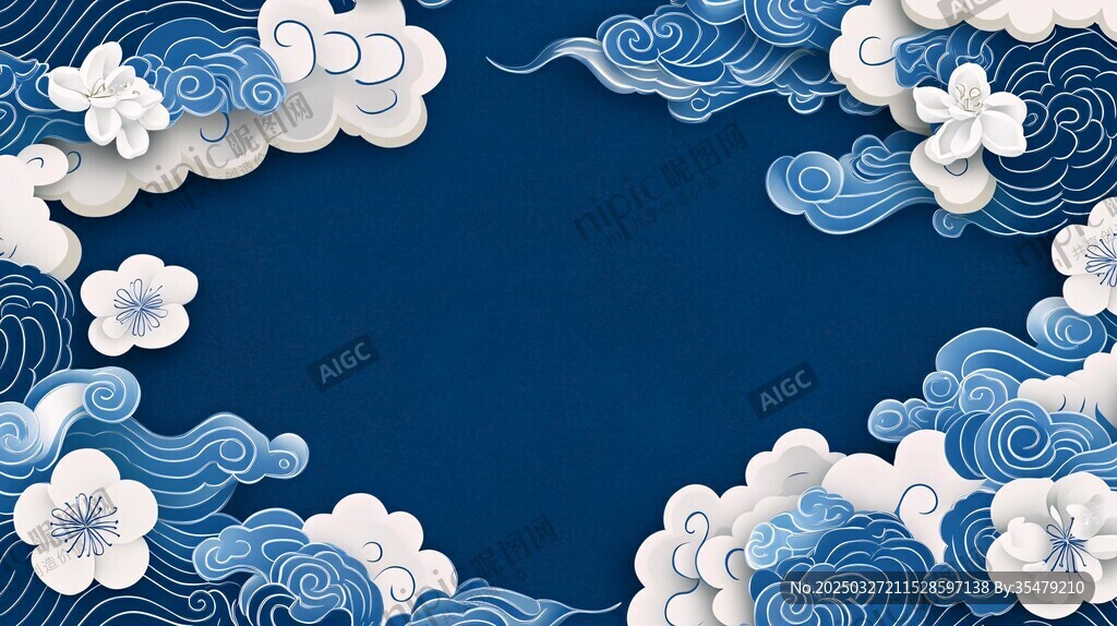 蓝白中式云花边框背景图