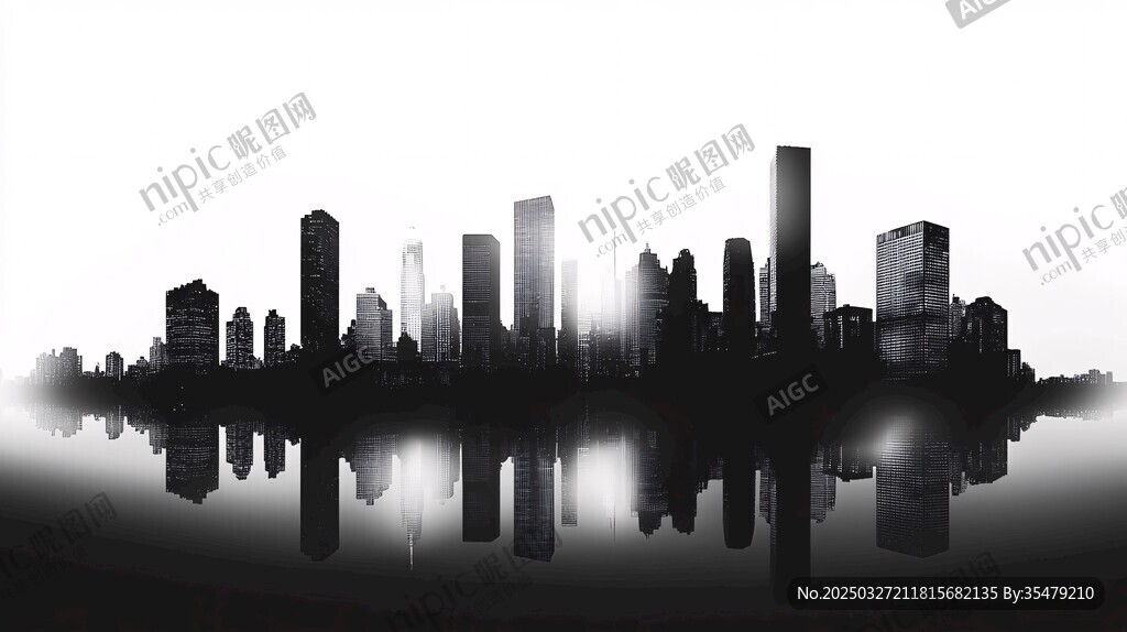 城市天际线黑白倒影景观