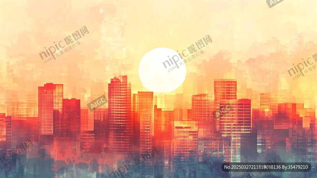 夕阳下的城市梦幻水彩图景