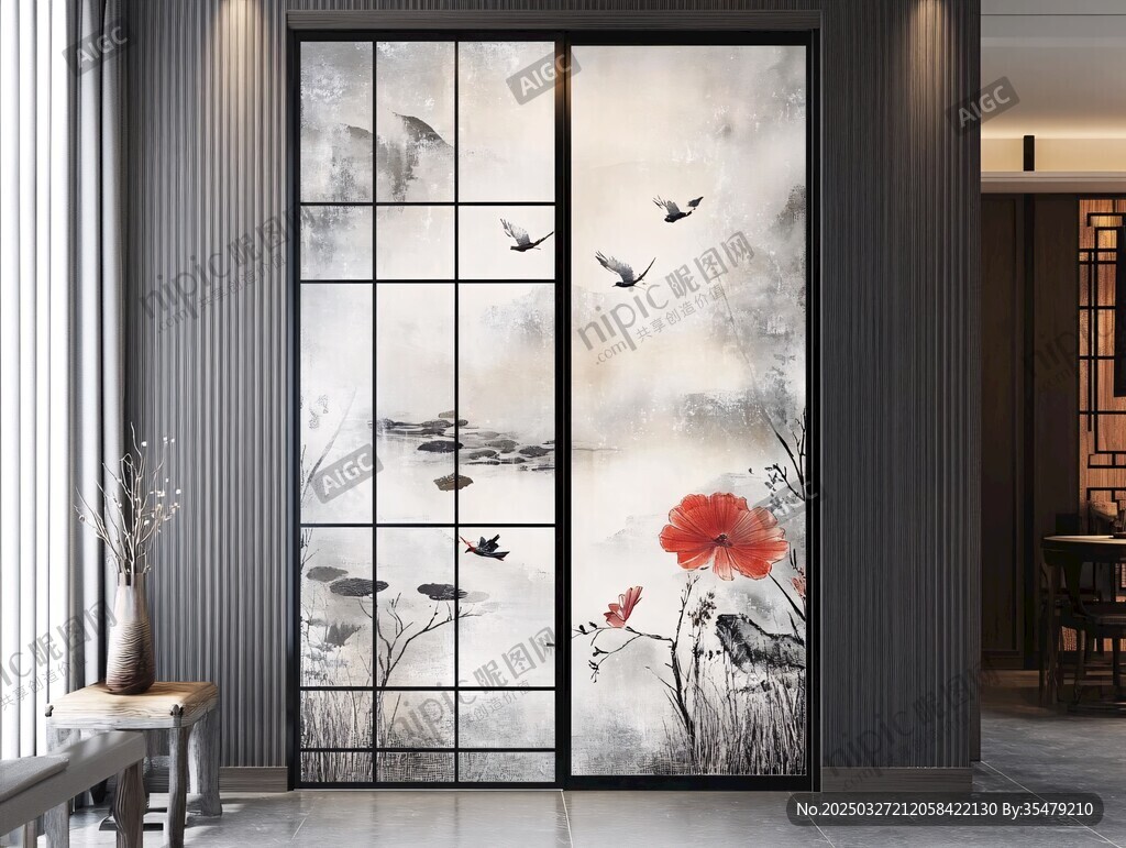 中式水墨花鸟移门装饰