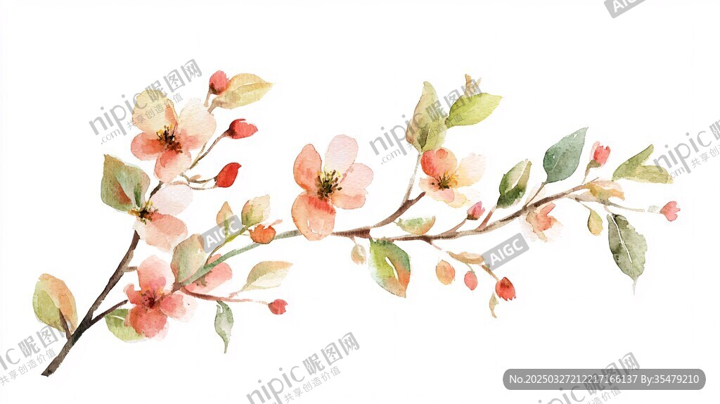 手绘粉色花枝水彩插画
