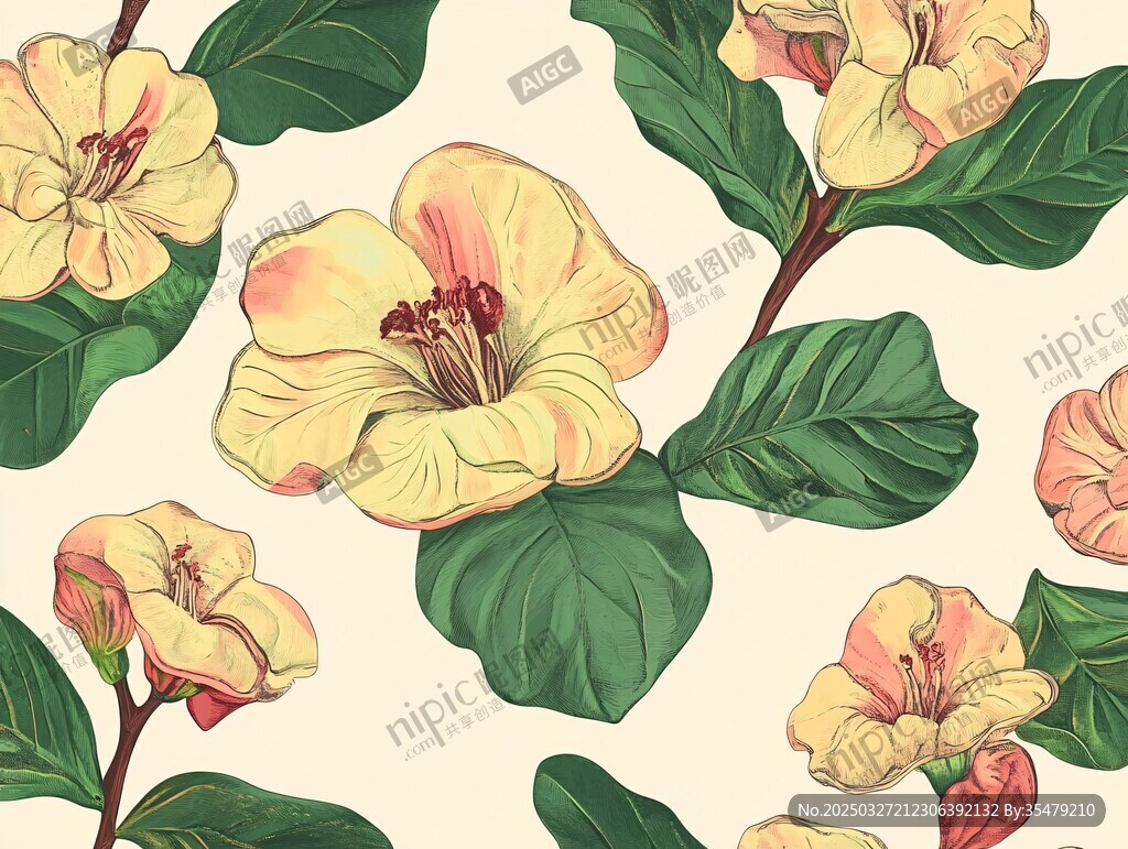 手绘黄粉花朵绿叶图案