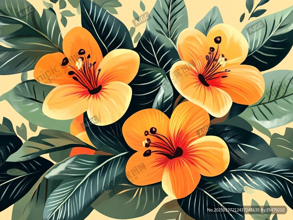橙色木槿花与绿叶插画