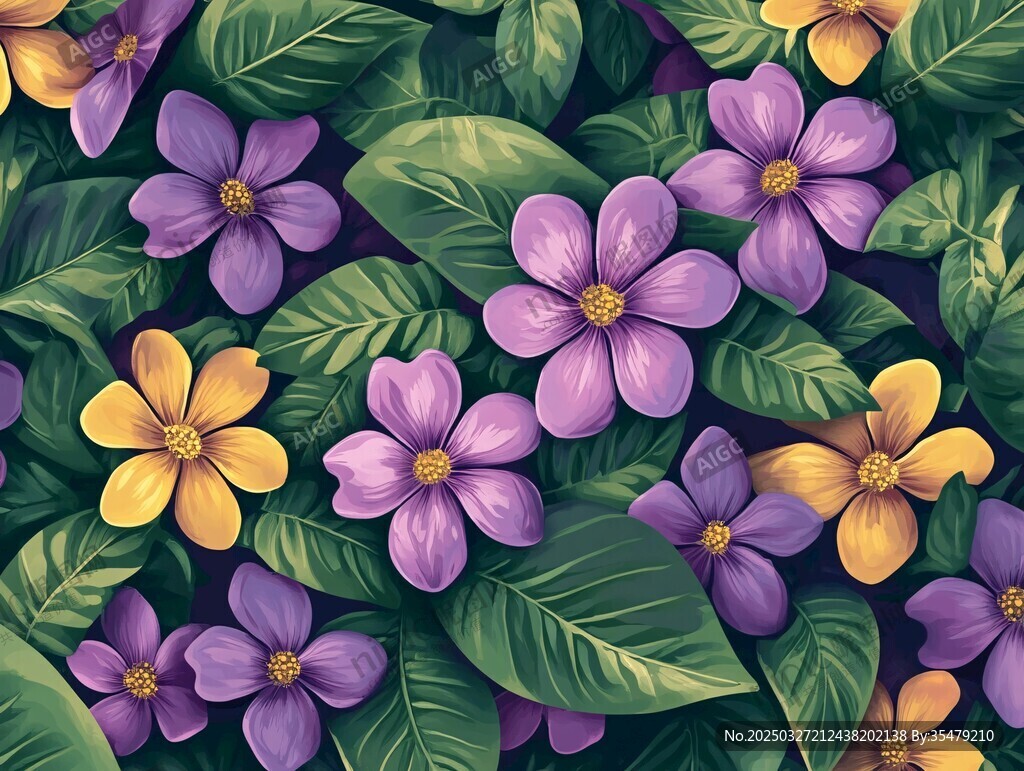 紫黄花卉绿叶精美图案