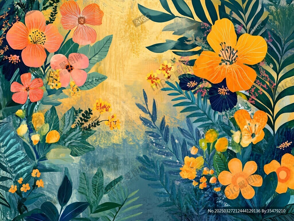 梦幻花卉植物水彩插画