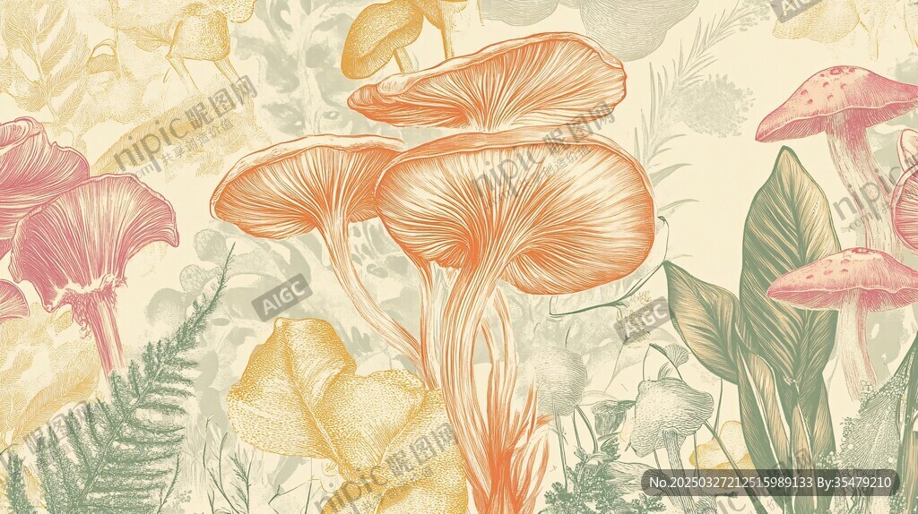 梦幻蘑菇植物插画图案