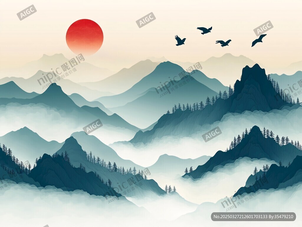 红日群山飞鸟中式山水画