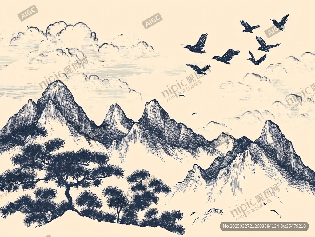 水墨山水间飞鸟伴松景