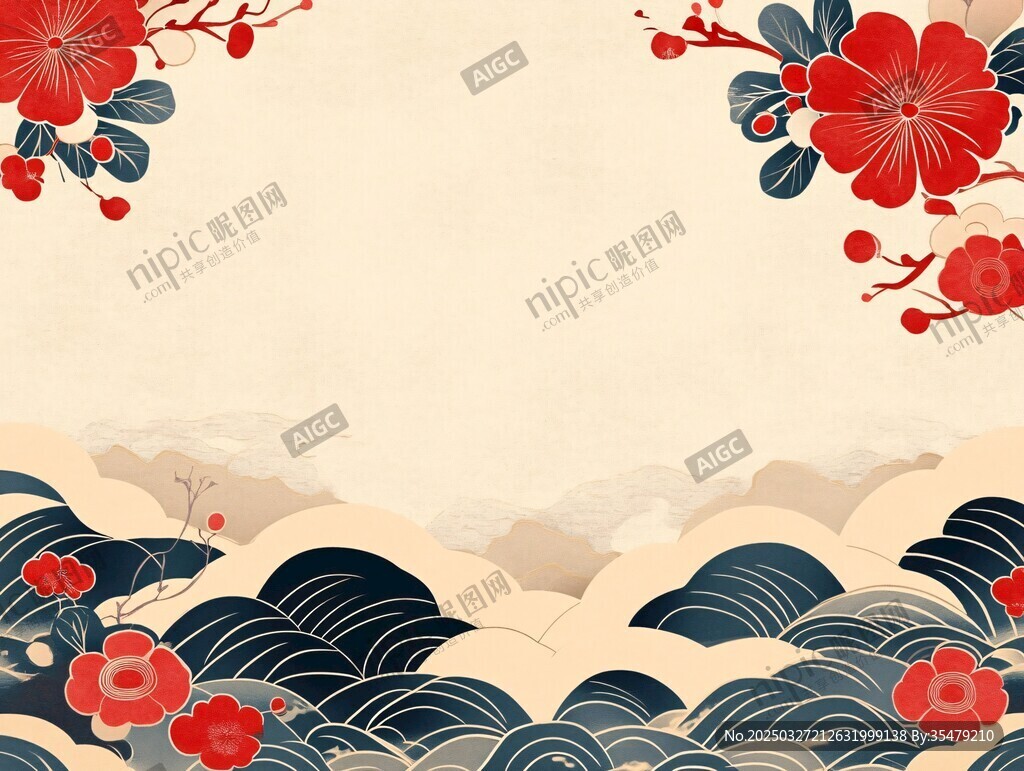 中式花鸟海浪古风背景图