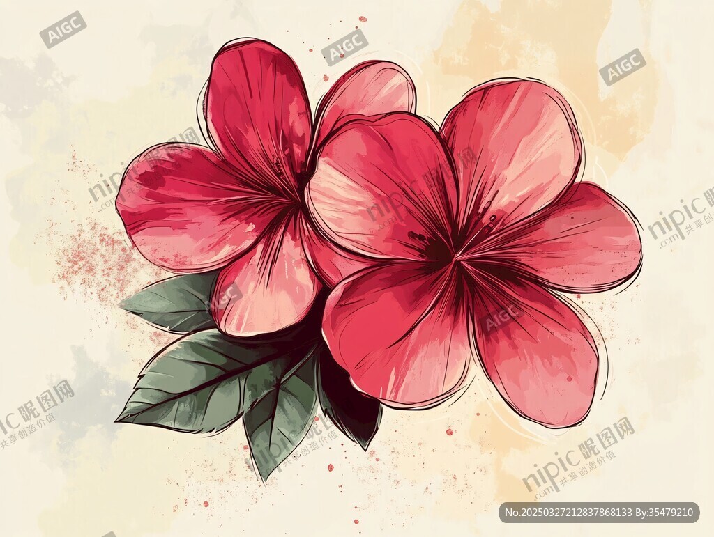 两朵娇艳手绘红色花卉