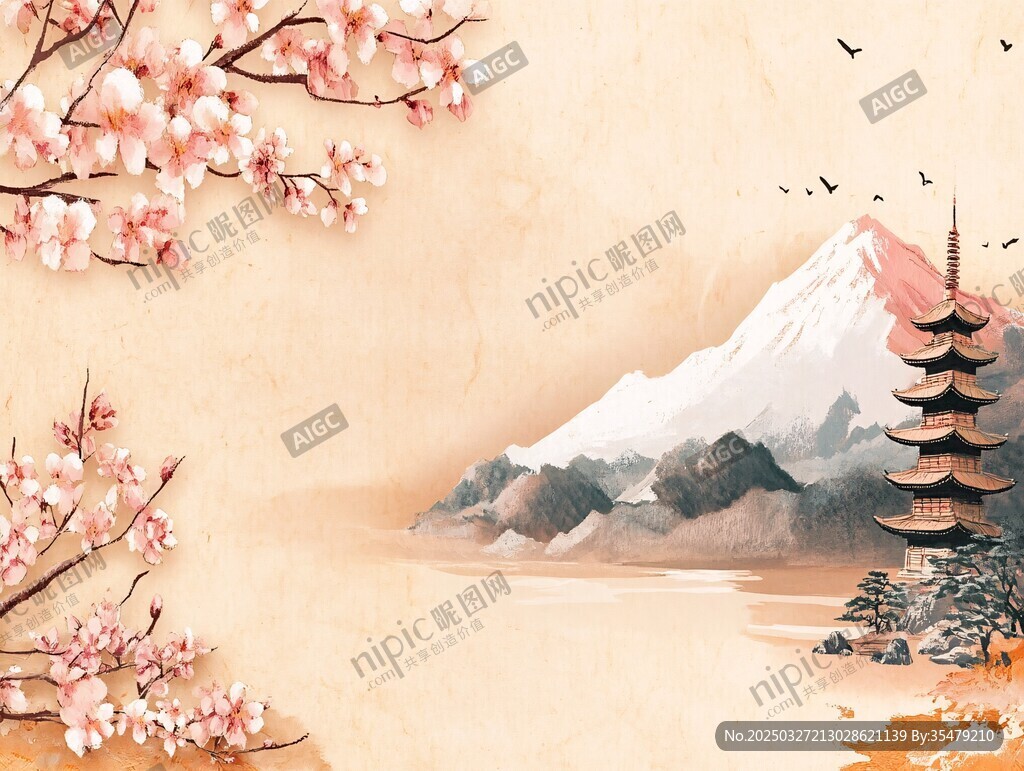 日式山水樱花唯美风景图