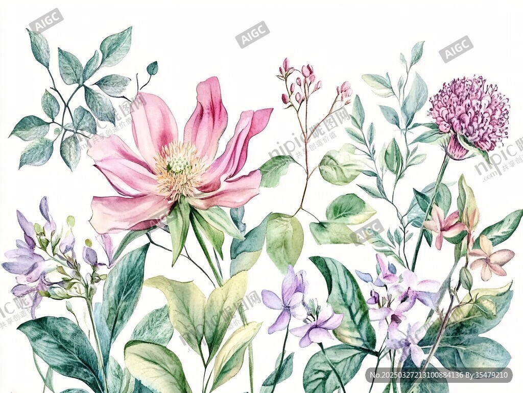 水彩绘就的缤纷花卉组合