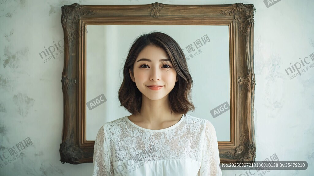 女子身着白衣于古镜前