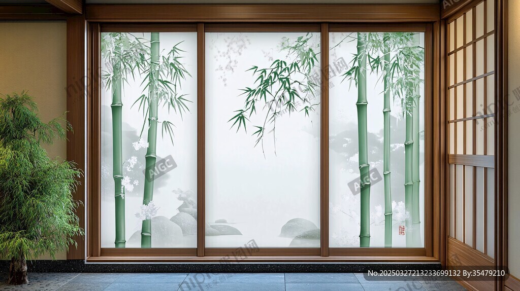 中式窗景 翠竹映于朦胧窗