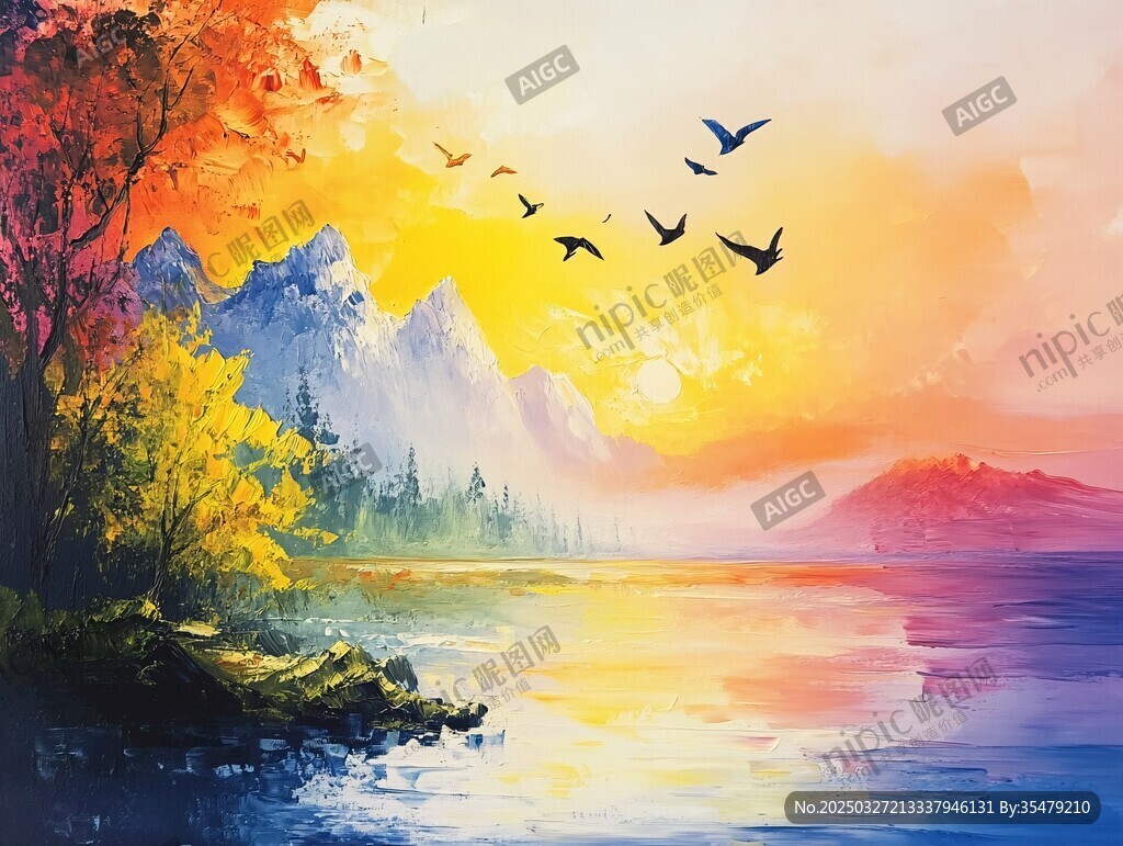 秋日湖畔飞鸟水彩美景