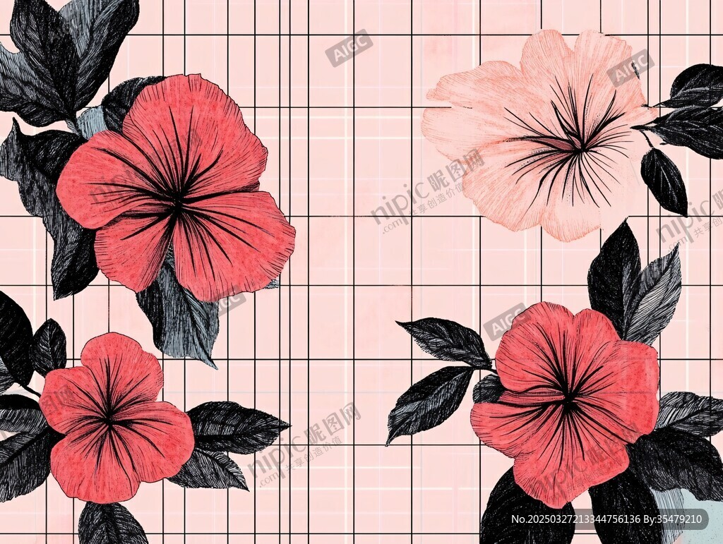 粉色格纹背景的艳丽花卉