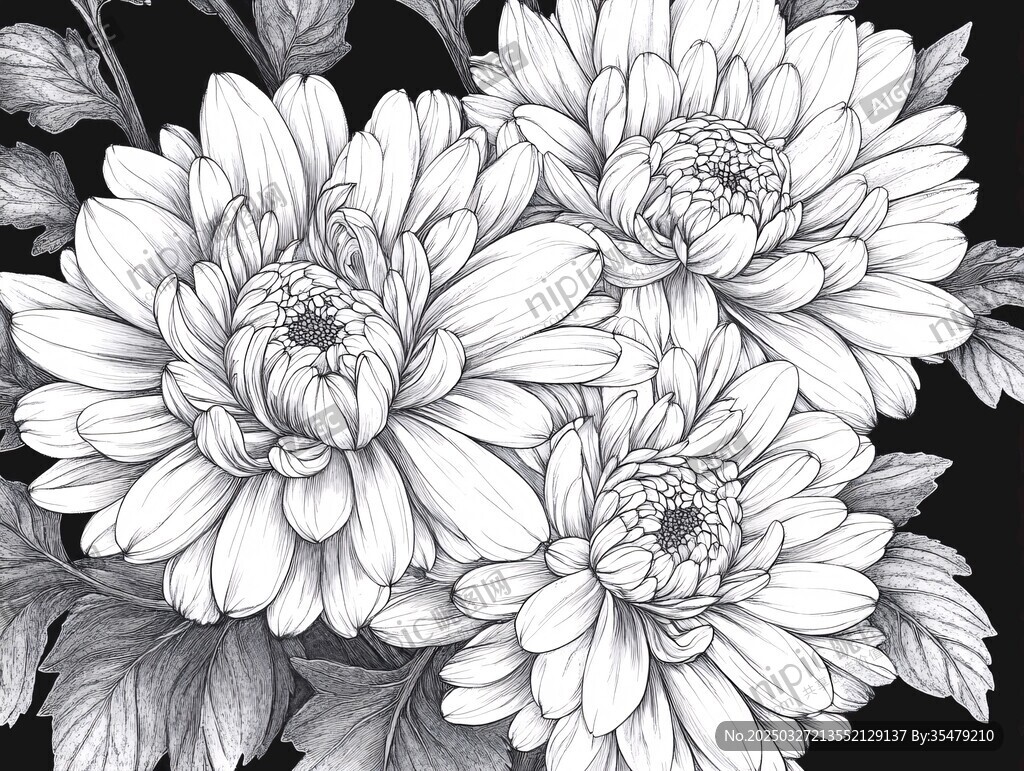 黑白菊花花卉艺术插画