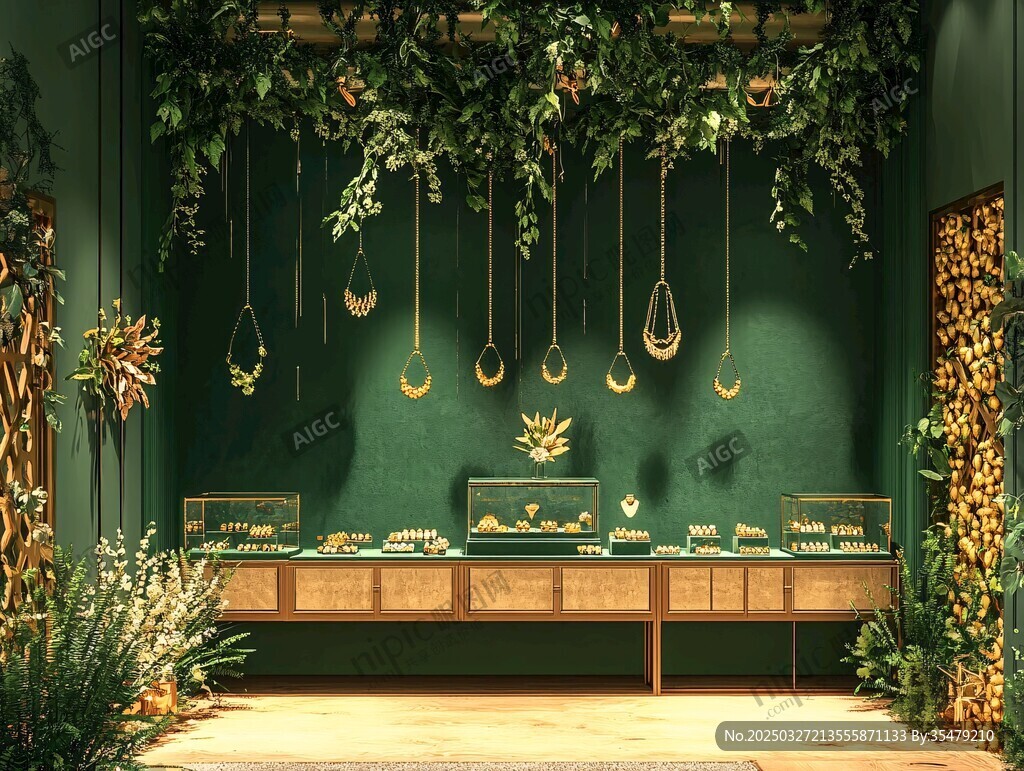 绿植环绕的奢华珠宝展示区