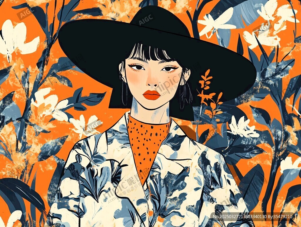 时尚女孩置身花卉丛林