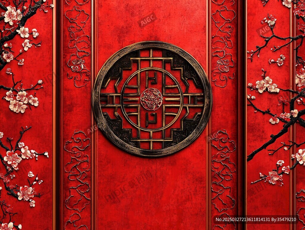 中式红墙喜字梅花装饰图