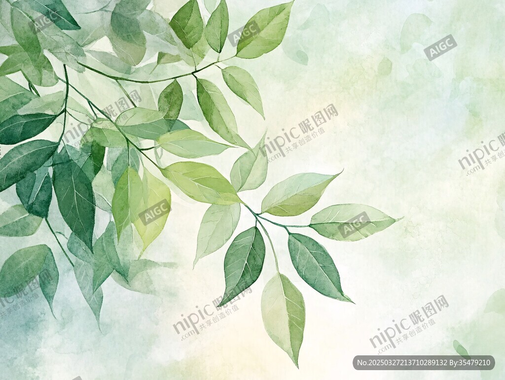 水彩绘绿叶清新自然画面
