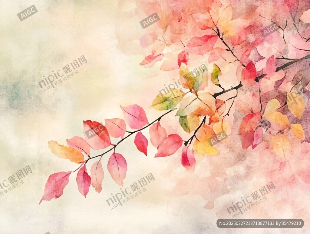 水彩绘就的秋日烂漫枝叶